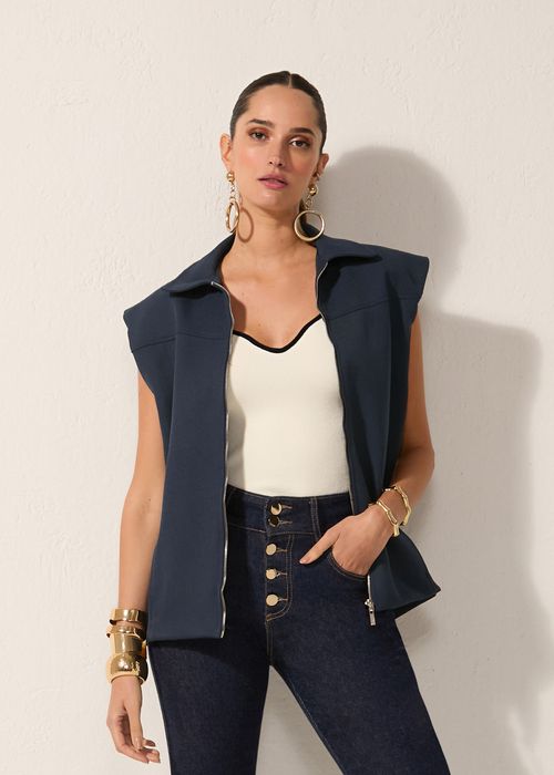 Colete Maxi Zíper Frontal Denim - Navy