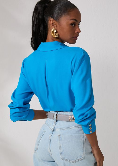 Camisa Decote V Visco Texture - Azul