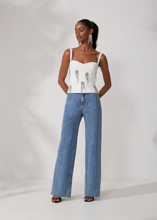 Calça Wide Leg Jeans Stripped - Jeans