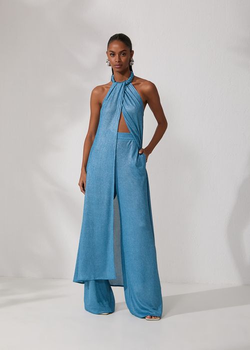 Conjunto Maxi Blusa Wide Leg Canelado Foil - Petróleo