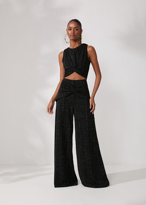 Conjunto Cropped Pantalona Jacquard Lux - Preto
