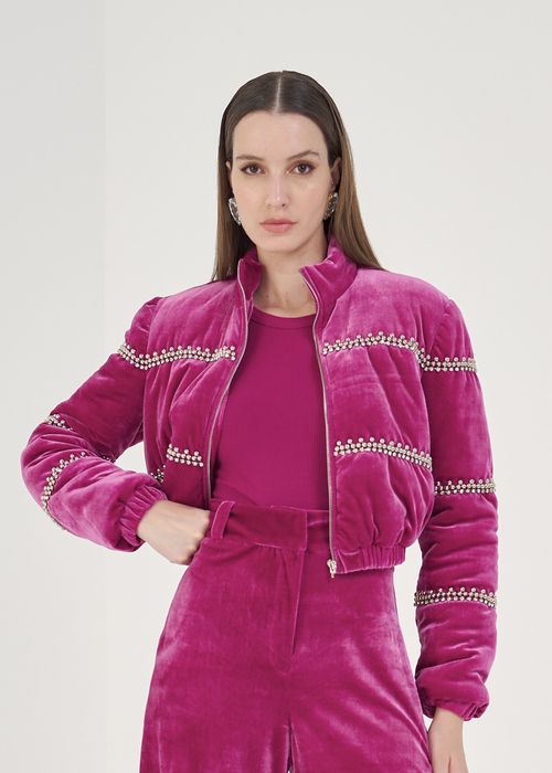 Jaqueta Puffer Strass Velvet - Fucsia