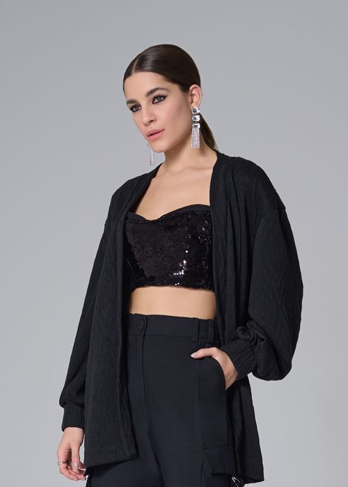 Maxi Casaco Tricot Jacquard - Preto