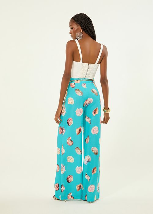 Calça Wide Leg De Crepe Estampa Shell - Pool Blue