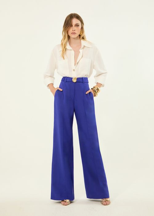 Calça Wide Leg Com Cinto Viscose Linen Greco - Real Blue