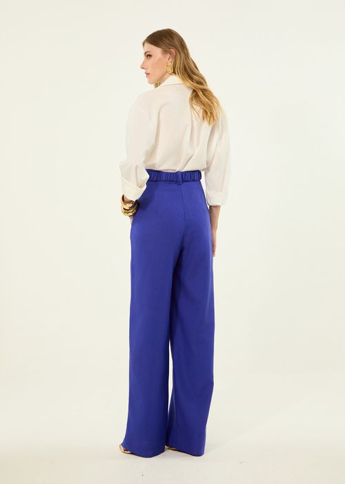 Calça Wide Leg Com Cinto Viscose Linen Greco - Real Blue