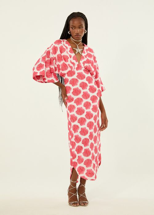 Vestido Midi Decote V Estampa Conchas - Passion