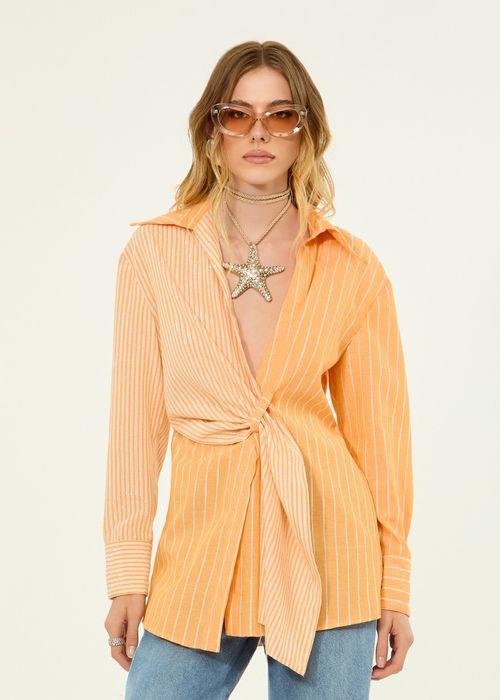 Camisa De Linho Manga Longa Com Trespasse - Candy Orange