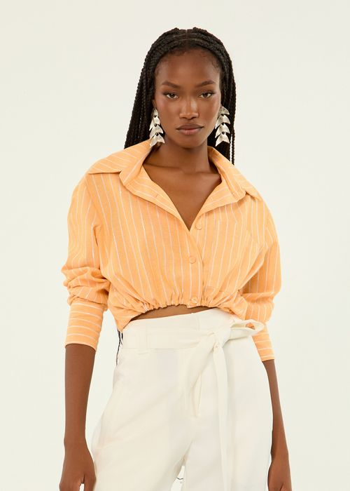 Camisa Cropped Manga Longa Listras - Candy Orange
