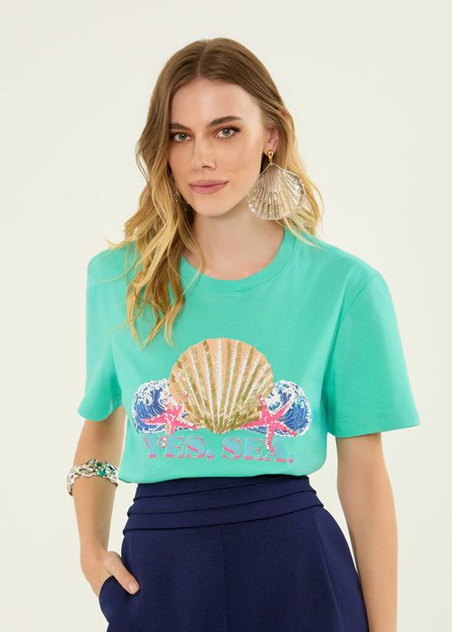 T-shirt De Algodão Estampa Yes Sea - Pool Blue