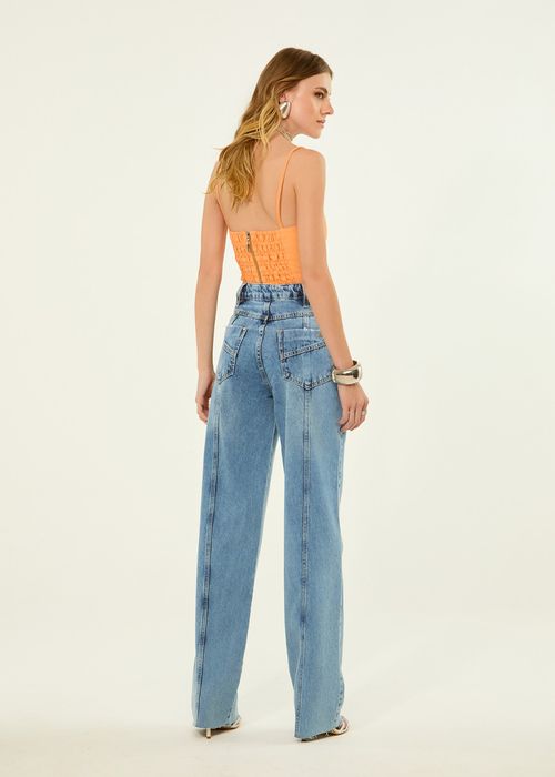 Calça Jeans Wide Leg Com Recortes - Jeans Escuro