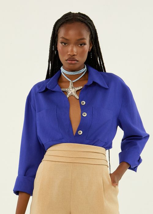 Camisa De Linho Manga Longa Linen Greco - Real Blue
