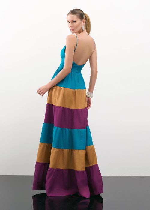 Vestido Longo Decote V Linen Multicolor - Unica