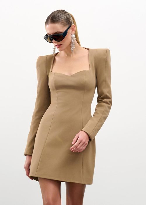 Vestido Curto Ombreira Twill Mesh - Camel