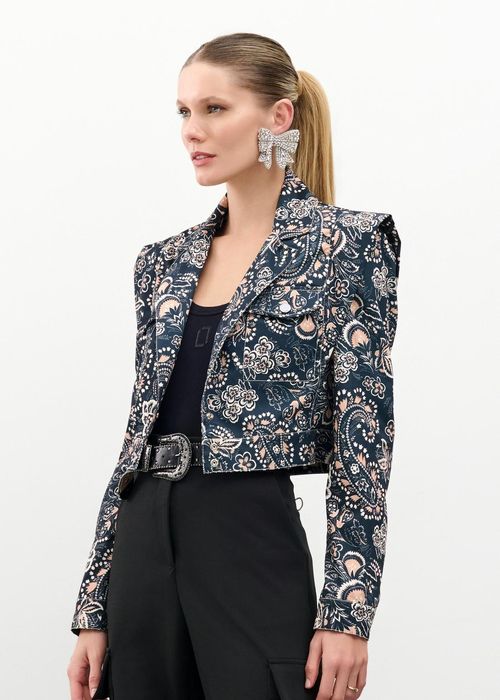 Jaqueta Cropped Em Sarja Estampa Paisley - Camel