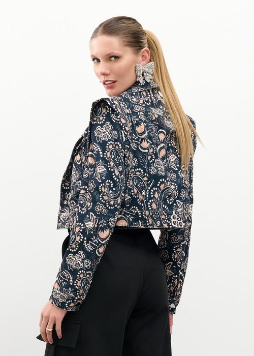 Jaqueta Cropped Em Sarja Estampa Paisley - Camel