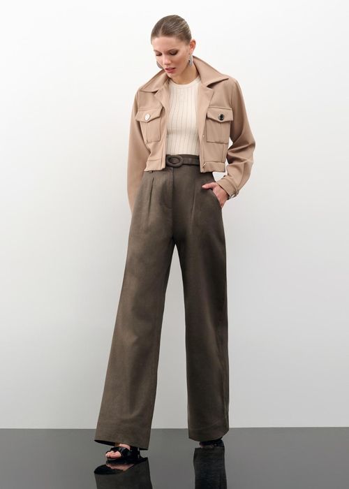 Calça Wide Leg Em Linho Com Cinto - Chumbo