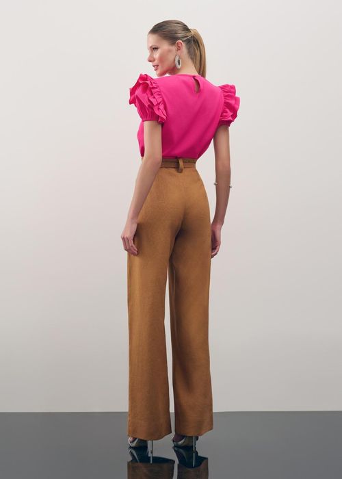 Calça Wide Leg Em Linho Com Cinto - Camel