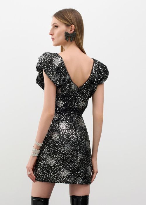Vestido Curto Alça Balonê Paetê Glamour - Prata