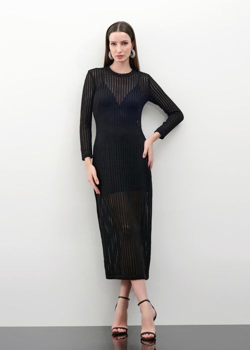 Vestido Mídi Geométrico Em Crochet - Preto