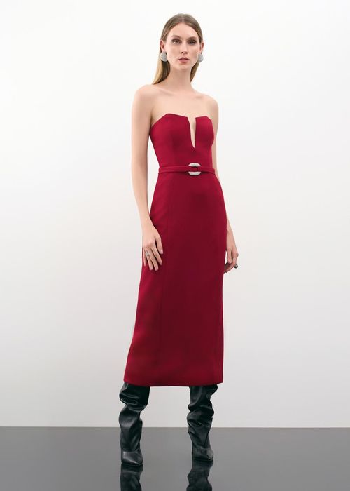 Vestido Mídi Em Crepe Com Cinto - Cherry