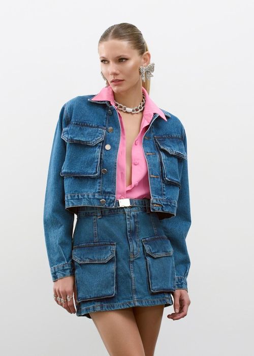 Jaqueta Jeans Cropped Cargo - Jeans