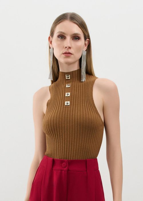 Blusa De Tricot Gola Alta - Camel