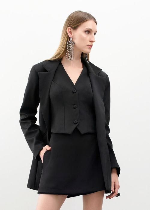 Conjunto Short Saia Blazer Colete Alfaiataria - Preto