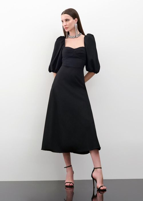 Vestido Mídi Alfaiataria Com Manga Bufante - Preto