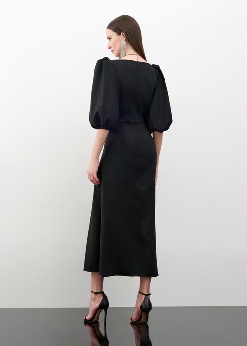 Vestido Mídi Alfaiataria Com Manga Bufante - Preto