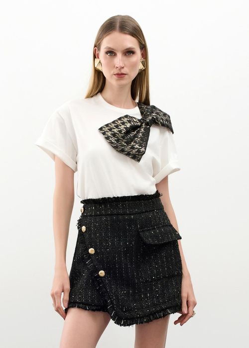Short Saia Em Tweed Com Botões Golden Tweed - Preto