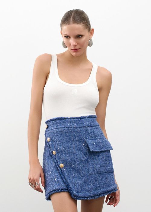 Short Saia Em Tweed Com Botões Golden Tweed - Denim