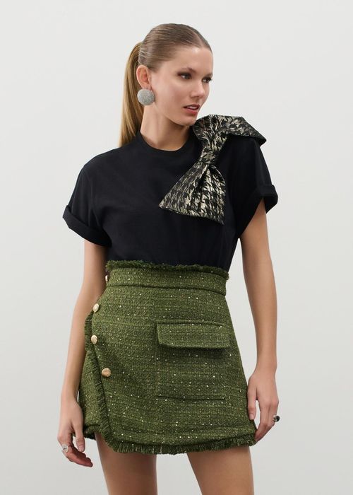 Short Saia Em Tweed Com Botões Golden Tweed - Oliva