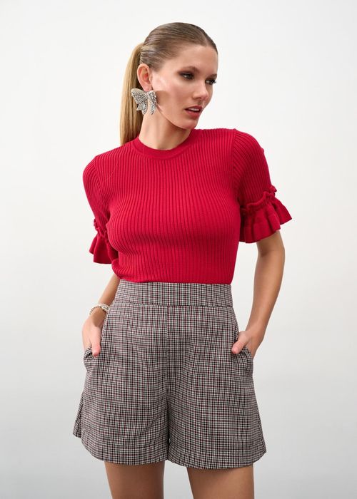 Blusa Manga Curta Babados Tricot - Cherry