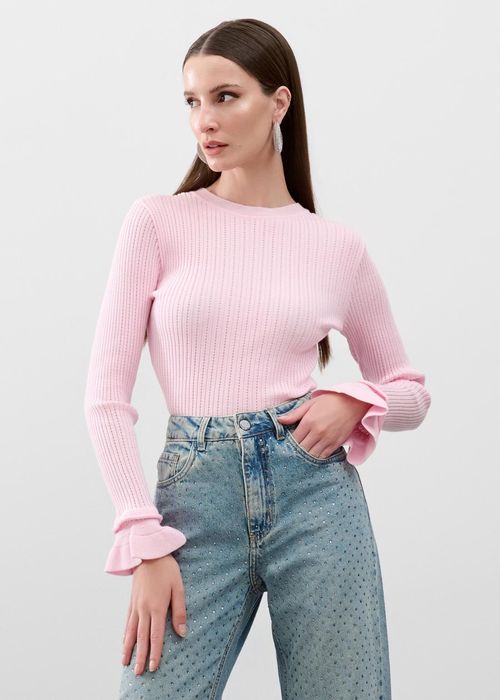 Blusa Manga Longa Babados Tricot - Baby Pink
