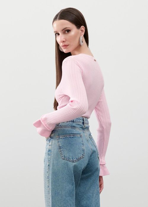 Blusa Manga Longa Babados Tricot - Baby Pink