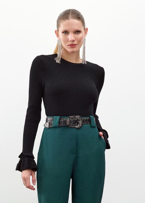 Blusa Manga Longa Babados Tricot - Preto