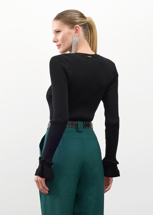 Blusa Manga Longa Babados Tricot - Preto