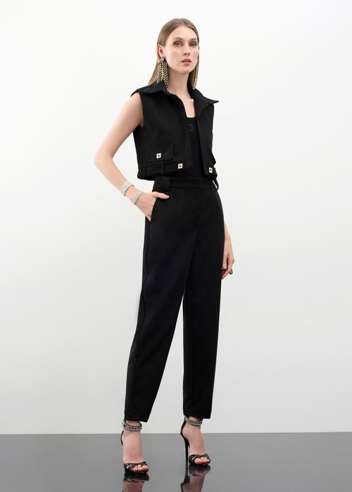 Cojunto Colete E Calça Cenoura Suede Twill - Preto