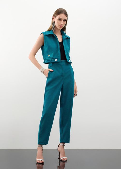Cojunto Colete E Calça Cenoura Suede Twill - Esmeralda