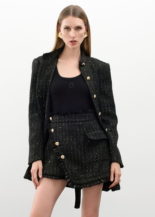 Maxi Casaco Em Tweed Golden - Preto