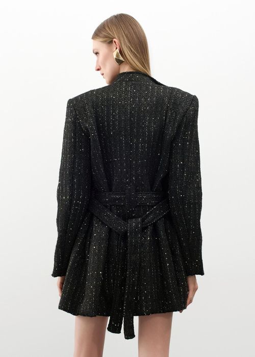 Maxi Casaco Em Tweed Golden - Preto
