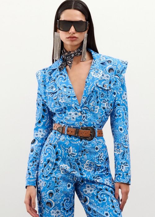 Jaqueta Cropped Em Sarja Estampa Paisley - Denim