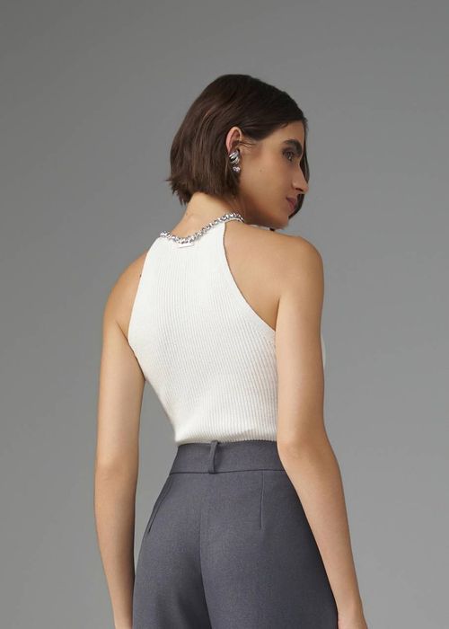 Regata Decote Gota Bordada Tricot - Off White