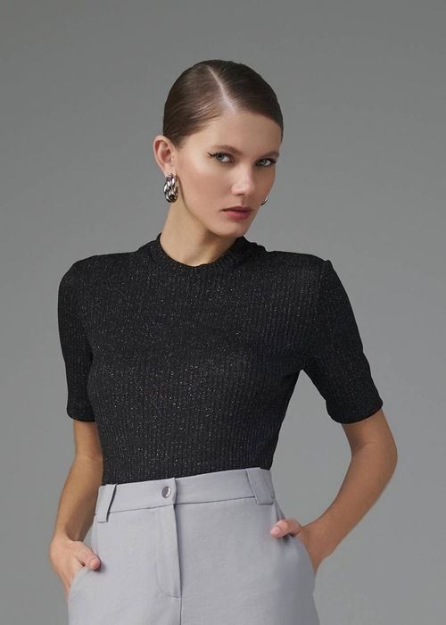 Blusa Manga Curta Canelado Metallic - Preto