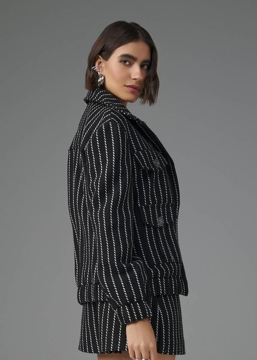 Maxi Casaco Tweed Riscas - Preto