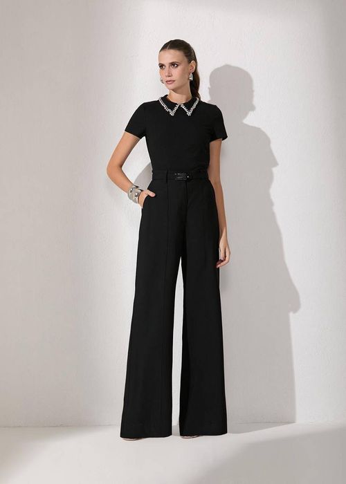 Calça Wide Leg Alfaiataria Com Cinto - Preto